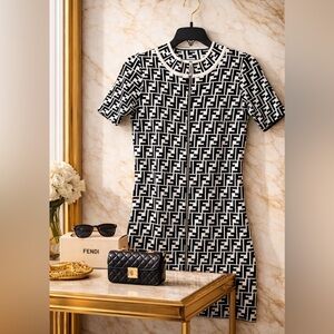 Fendy Monogram Black and White Stretchy Knit Mini Dress Size S